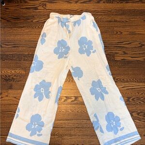 CHIC Linen Viscose Wide Leg Pants with Blue Flowers
